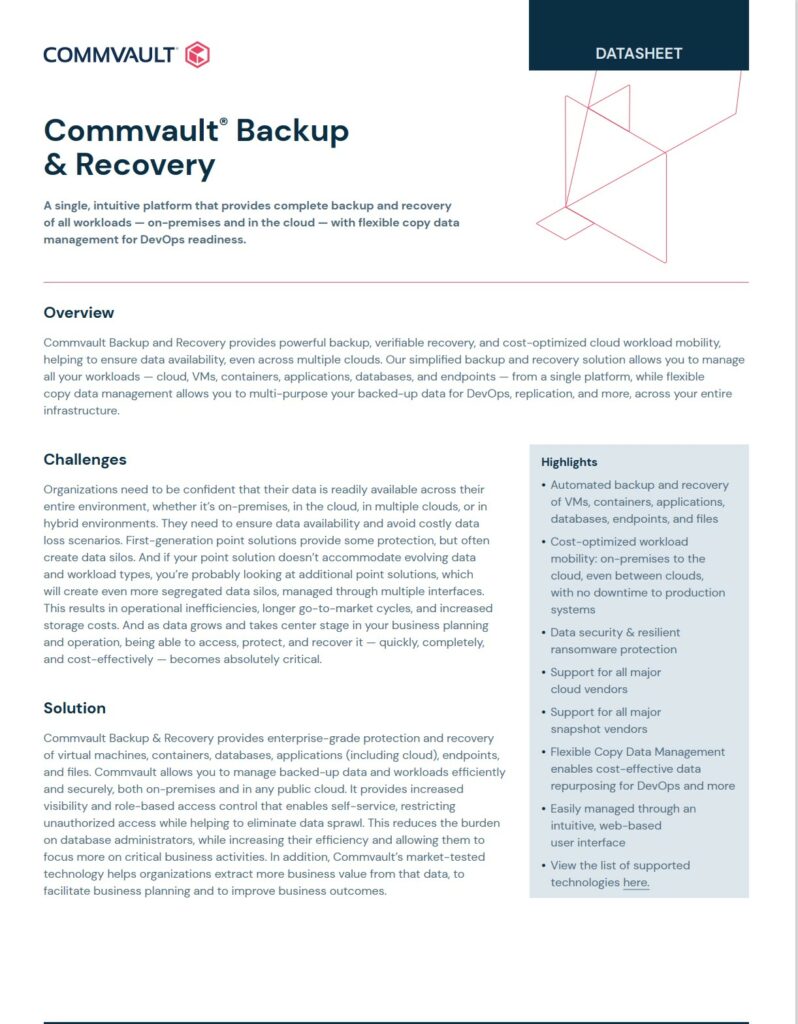 commvault backup and recovery datasheet