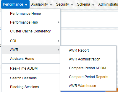 Oracle Automatic Workload Repository (AWR) – Part 1: Getting Started 11 Oracle CloudControl Performance Menu Options AWR