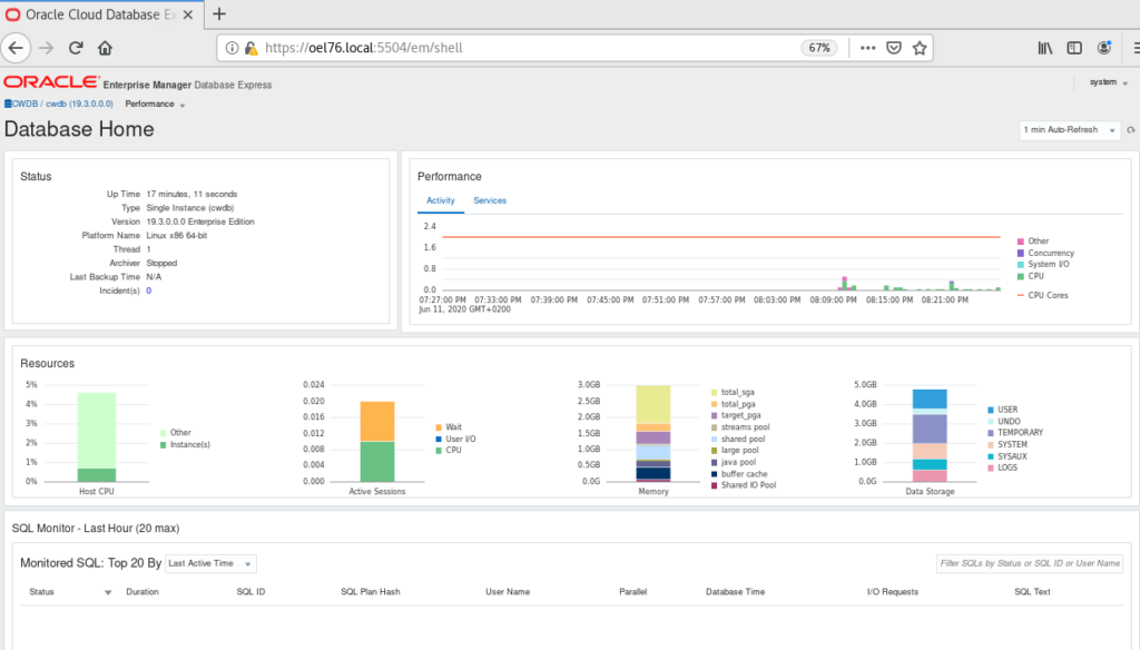 Oracle EM Express Start PAge